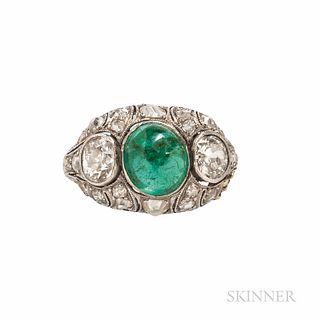Art Deco Platinum, Emerald, and Diamond Ring, set with a cabochon emerald measuring approx. 8.20 x 7.30 x 4.80 mm, and old European-cut