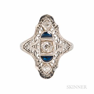 Art Deco 18kt White Gold and Diamond Filigree Ring, set with an old European-cut diamond weighing approx. 0.25 cts., blue stone accents