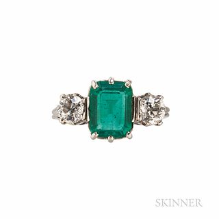 Art Deco Platinum, Emerald, and Diamond Ring, set with an emerald-cut emerald measuring approx. 8.60 x 6.70 x 4.10 mm, and old European