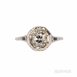 18kt White Gold and Diamond Ring, set with an old mine-cut diamond weighing approx. 1.25 cts., in a filigree mount with synthetic sapph