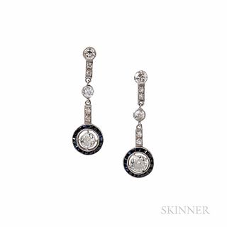 Platinum and Diamond Earrings, set with old European- and old single- cut diamonds, approx. total wt. 2.25 cts., calibre-cut blue stone