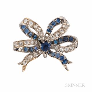 Antique Diamond Bow Brooch, set with rose-cut diamonds, and faceted blue stones, lg. 1 in.