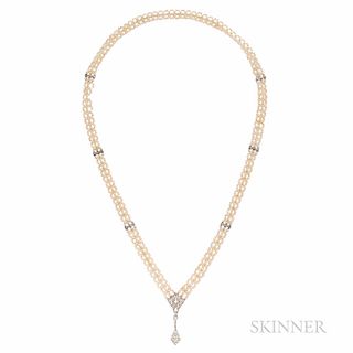 Cultured Pearl and Diamond Sautoir, the pear-shape diamond weighing approx. 0.50 cts., in a pendant set with full-cut diamonds, and sus
