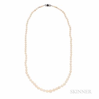 Art Deco Cultured Pearl Necklace, the pearls graduating in size from approx. 3.20 to 8.10 mm, completed by a platinum, sapphire, and ol