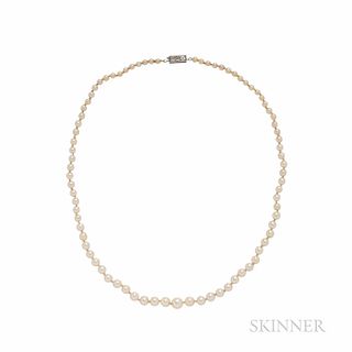 Art Deco Pearl Necklace, the pearls graduating in size from approx. 3.00 to 6.40 mm, completed by a platinum and old mine-cut diamond c