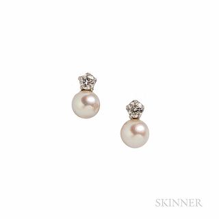 Tiffany & Co. Platinum, Diamond, and Pearl Screw-back Earrings, each pearl measuring approx. 5.90 mm, with prong-set full-cut diamonds,