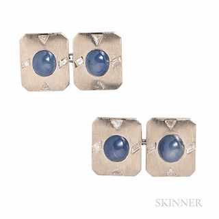 Platinum, Star Sapphire, and Diamond Cuff Links, the cabochons measuring approx. 7.00 to 7.50 mm, fancy-cut diamond accents, 13.0 dwt.