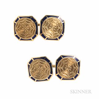 Edwardian Larter & Sons 14kt Gold and Enamel Cuff Links, 3.4 dwt, maker's mark.