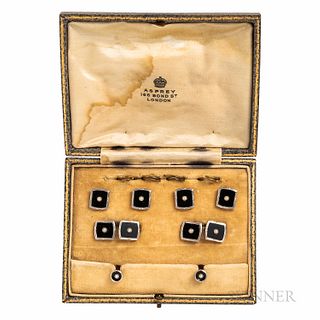 Art Deco 18kt Gold, Platinum, Onyx, and Pearl Dress Set, retailed by Asprey, London, comprising a pair of cuff links, four vest buttons
