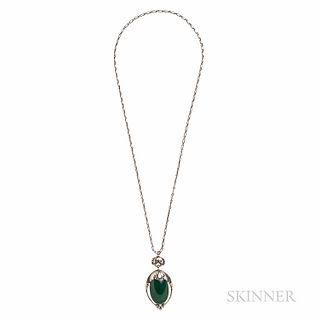 Georg Jensen .830 Silver and Green Onyx Pendant, designed by Georg Jensen, Denmark, the green onyx cabochon with foliate cap, suspended