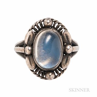 Georg Jensen Sterling Silver and Moonstone Ring, Denmark, size 6 1/2, no. 1, signed GI.