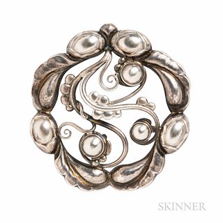 Georg Jensen Sterling Silver and "Silver Pearl" Brooch, Denmark, 1933-44 mark, dia. 1 7/8 in., no. 159, signed.