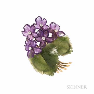 14kt Gold, Amethyst, Nephrite, and Diamond Brooch, depicting violets, 9.4 dwt, lg. 1 3/4 in.