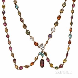 Gold Gem-set Chain, c. 1930s, with bezel-set colored stones including amethyst, zircon, garnet, citrine, and others, 18.4 dwt, lg. 18 i