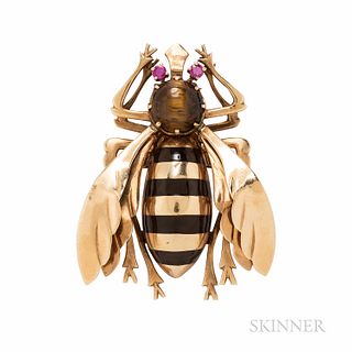 Large 14kt Gold, Tiger's-eye Quartz, and Enamel Bee Brooch, with ruby eyes, 19.0 dwt, 2 3/8 x 1 7/8 in.