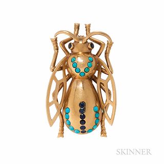 Large 14kt Gold, Turquoise, and Sapphire Insect Brooch, 21.7 dwt, 2 3/8 x 1 7/16 in.