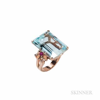 Retro 14kt Rose Gold, Aquamarine, Ruby, and Diamond Ring, the aquamarine measuring approx. 22.50 x 16.70 x 10.50 mm, ruby and old Europ