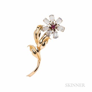 Retro 14kt Gold, Moonstone, and Ruby Flower Brooch, 9.6 dwt, lg. 3 3/8 in.