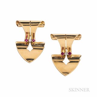 Retro 14kt Gold, Ruby, and Diamond Earrings, set with circular-cut rubies and full-cut diamonds, 10.3 dwt, lg. 1 3/8 in.