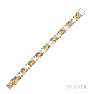 Retro 14kt Gold and Diamond Bracelet, bezel-set with full-cut diamonds, approx. total wt. 1.50 cts., 12.2 dwt, lg. 7 in.