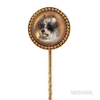 Antique Gold and Reverse-painted Crystal Stickpin, depicting a terrier, dia. 3/4 in.