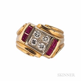 14kt Gold and Diamond Ring, set with full-cut diamonds, approx. total wt. 0.40 cts., red stone accents, 5.4 dwt, size 7 1/2.