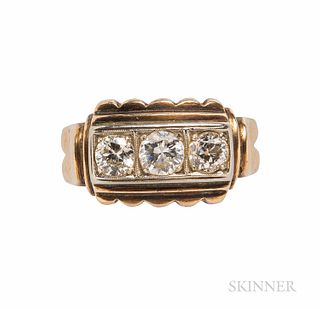 14kt Gold and Diamond Ring, set with one full- and two old European-cut diamonds, approx. total wt. 0.75 cts., 4.5 dwt, size 9.