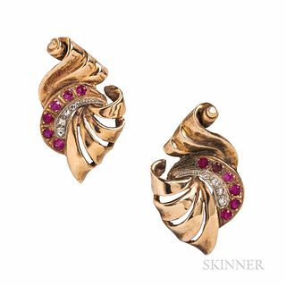 Retro Rose Gold, Synthetic Ruby, and Diamond Earrings, set with circular-cut synthetic rubies and single-cut diamonds, 7.3 dwt, lg. 1 5