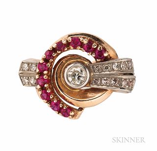 Retro 14kt Rose Gold, Platinum, Synthetic Ruby, and Diamond Ring, bezel-set with a full-cut diamond weighing approx. 0.30 cts., single-