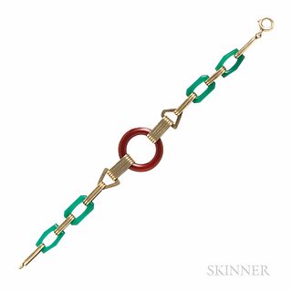Art Deco 14kt Gold and Hardstone Bracelet, with carnelian ring and faceted dyed green chalcedony joined by ribbed links, lg. 7 1/8 in.