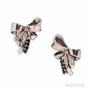Retro 14kt White Gold, Sapphire, and Diamond Bow Earclips, set with full- and single-cut diamonds and circular-cut sapphires, 7.1 dwt,