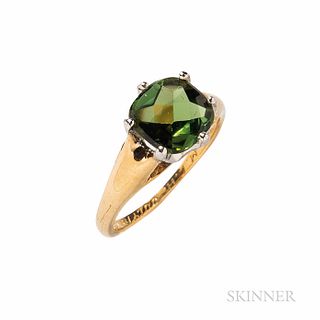 Antique J.E. Caldwell & Co. 18kt Gold and Platinum Ring Mount, set with a modern buff-top tourmaline, size 5, signed.