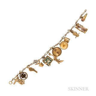 14kt Gold Charm Bracelet, including an ice cream cone; money box; alligator; whistle; Faith, Hope, and Charity; and owl, 17.2 dwt, lg.