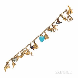 14kt Gold Charm Bracelet, mostly 14kt gold, including magician's top hat with rabbit, wooden shoe, horse riding theme charms, and two h