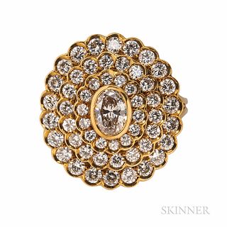 18kt Gold and Diamond Ring, bezel-set with an oval-cut diamond weighing approx. 0.50 cts., framed by circular-cut diamonds, approx. tot