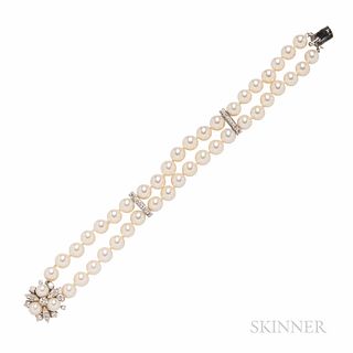 14kt White Gold, Cultured Pearl, and Diamond Bracelet, the pearls measuring approx. 7.00 mm, approx. total diamond wt. 1.00 cts., lg. 7