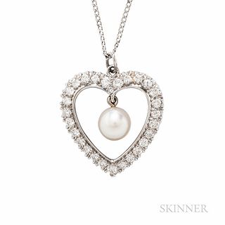 14kt White Gold, Cultured Pearl, and Diamond Pendant, the pearl measuring approx. 7.90 mm, bead-set diamond melee, with associated 14kt