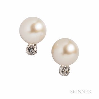 14kt White Gold, South Sea Pearl, and Diamond Earrings, each pearl measuring approx. 13.00 mm, full-cut diamond accents, approx. total