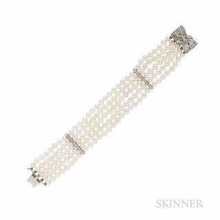 Cultured Pearl Bracelet, each pearl measuring approx. 4.50 mm, with platinum and diamond spacers an clasp, lg. 6 3/8, wd. 7/8 in.