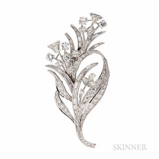 Platinum and Diamond Brooch, set with full-, baguette-, pear-, and fancy-cut diamonds, approx. total wt. 3.50 cts., 8.9 dwt, lg. 2 1/4