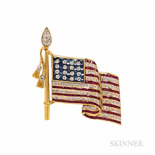 18kt Gold, Ruby, Sapphire, and Diamond American Flag Brooch, 5.5 dwt, 1 3/8 x 1 1/2 in.