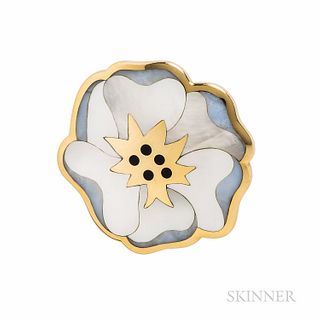 Tiffany & Co. 18kt Gold Inlaid Flower Brooch, with mother-of-pearl, chalcedony, and black jade, 17.5 dwt, 2 x 1 13/16 in., signed, boxe