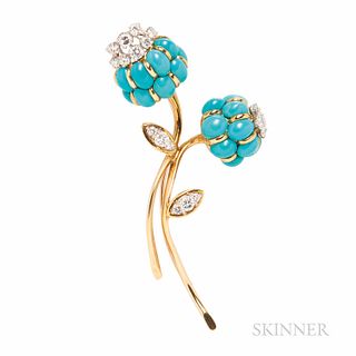 18kt Gold, Platinum, Turquoise, and Diamond Flower Brooch, set with cabochon turquoise blossoms and full-cut diamonds, approx. total di