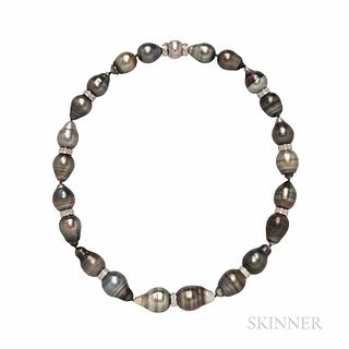 KCJ Baroque Tahitian Pearl Necklace, with 14kt white gold and diamond clasp and rondels, lg. 17 in.