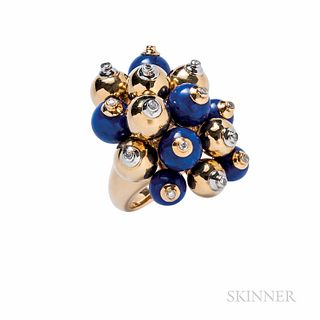 18kt Gold, Lapis, and Diamond Cluster Ring, the gold and lapis beads set with full-cut diamond melee, 14.0 dwt, size 7.