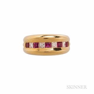 18kt Gold, Ruby, and Diamond Ring, set with square-cut rubies and diamonds, 7.4 dwt, size 6 1/2.