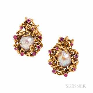 Barbara Anton 18kt Gold and Baroque Cultured Pearl Earclips, with circular-cut pink stones, 15.3 dwt, 1 1/8 x 7/8 in., signed.