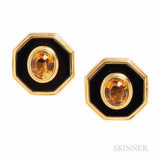 18kt Gold, Citrine, and Onyx Earrings, 18.3 dwt, 1 1/16 x 1 1/16 in.