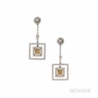 14kt White Gold, Colored Diamond, and Diamond Earrings, set with square-cut yellow diamonds, and full-cut diamond melee, approx. total