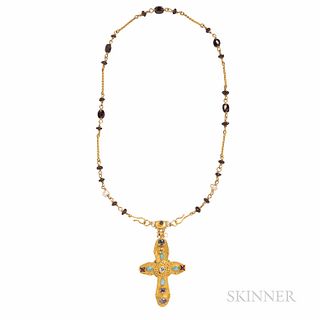 18kt Gold Gem-set Cross and Chain, set with an old European-cut diamond weighing approx. 0.50 cts., gem-set accents, including ruby and